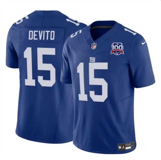 Men & Women & Youth New York Giants #15 Tommy DeVito Blue 2024 F.U.S.E. 100TH Season Patch Vapor Untouchable Limited Stitched Jersey